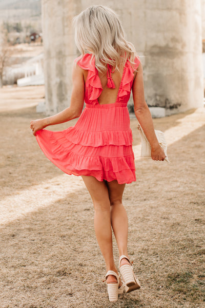 Buttercup Babe Deep V-Neck Ruffle Mini Dress (Coral Red)
