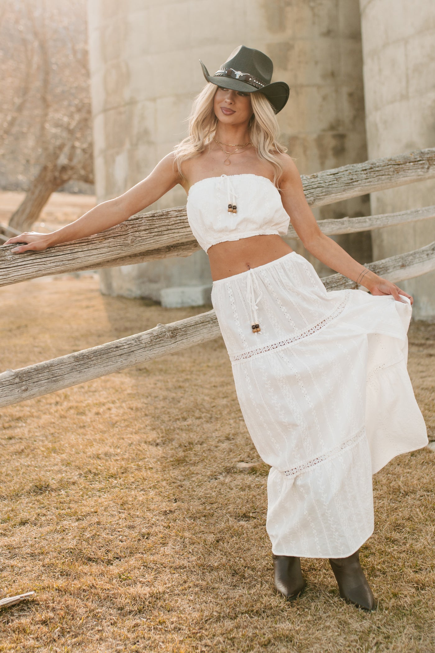Naturally Her Tiered Eyelet Cotton Maxi Skirt (White)