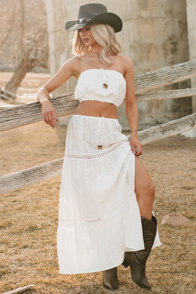 Naturally Her Tiered Eyelet Cotton Maxi Skirt (White)