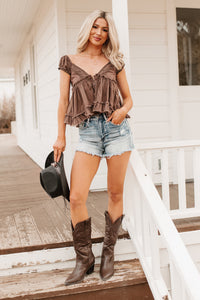 Just One Look Ruffle Babydoll Top (Brown) - NanaMacs