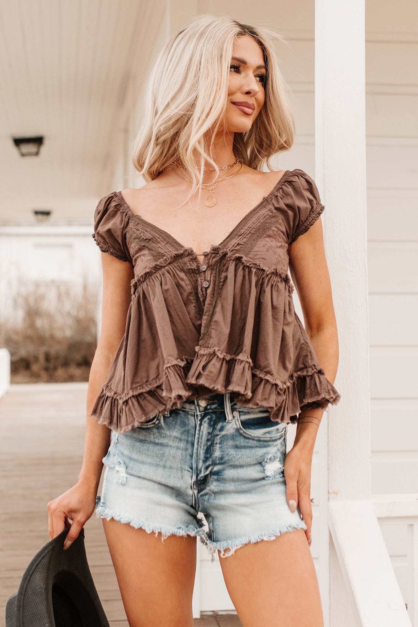 Just One Look Ruffle Babydoll Top (Brown) - NanaMacs