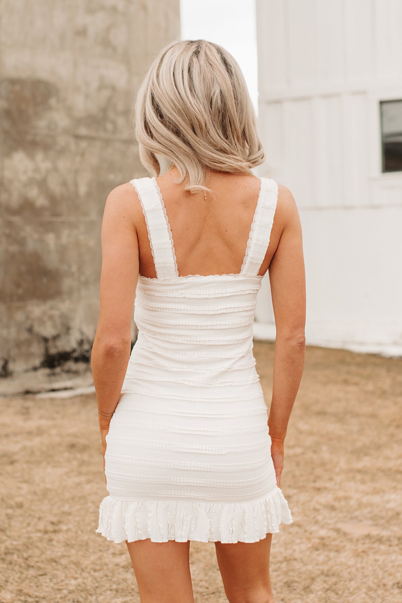 Spring Fling Energy Ruffle Bodycon Mini Dress (Off White) - NanaMacs