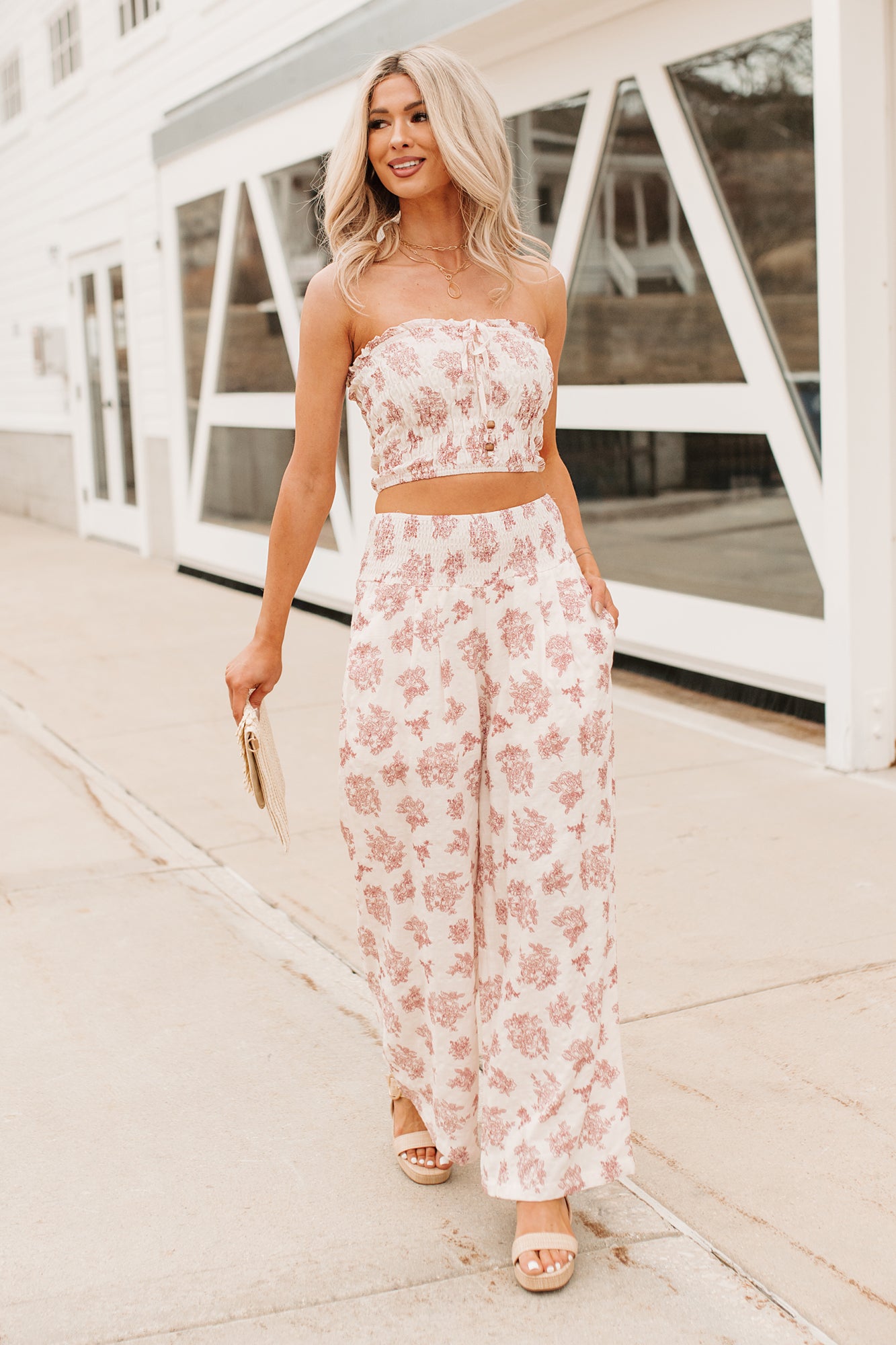Sugar & Sunshine Floral Smocked Bandeau And Pants Set (Burgundy) - NanaMacs