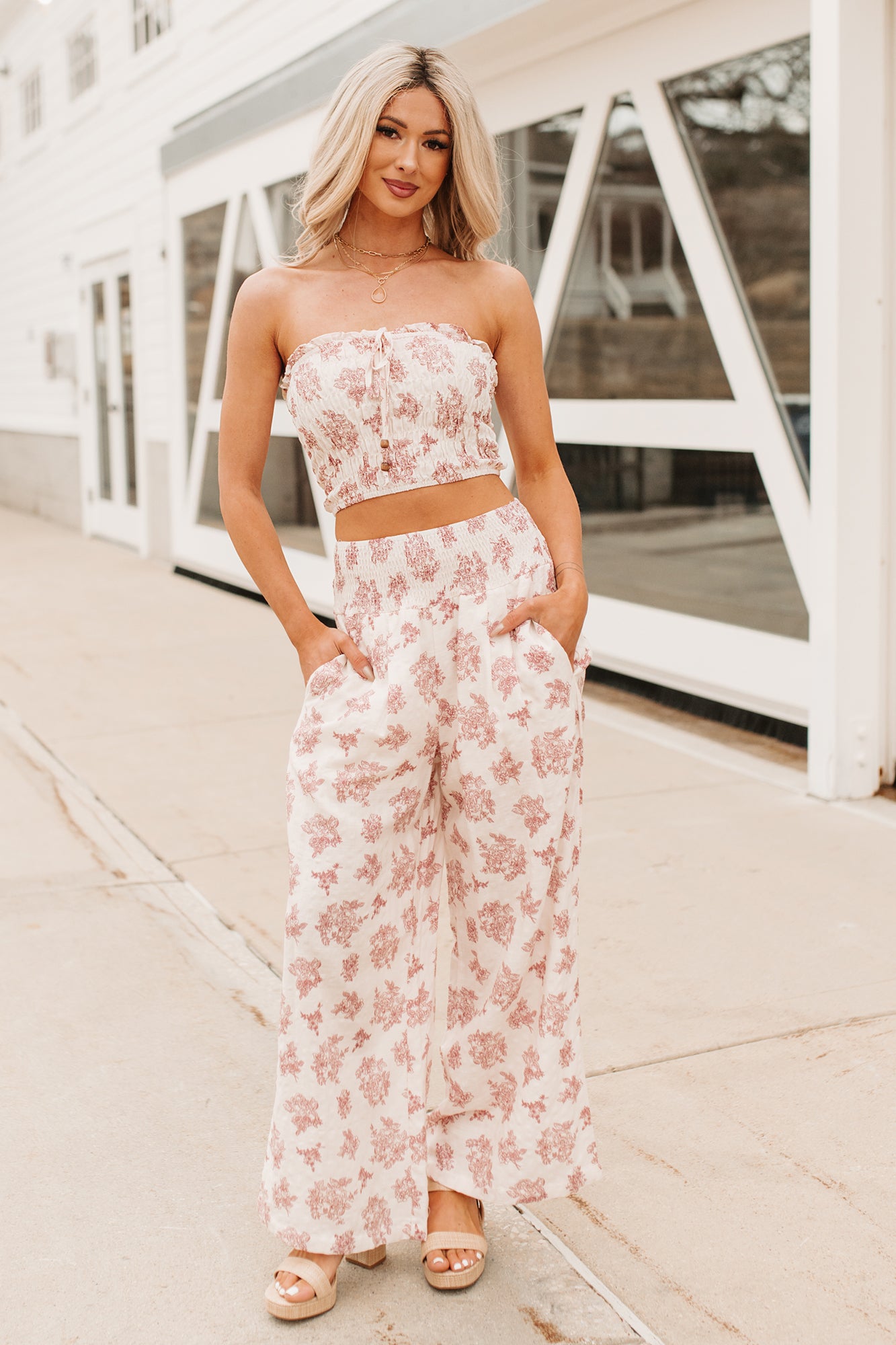 Sugar & Sunshine Floral Smocked Bandeau And Pants Set (Burgundy) - NanaMacs