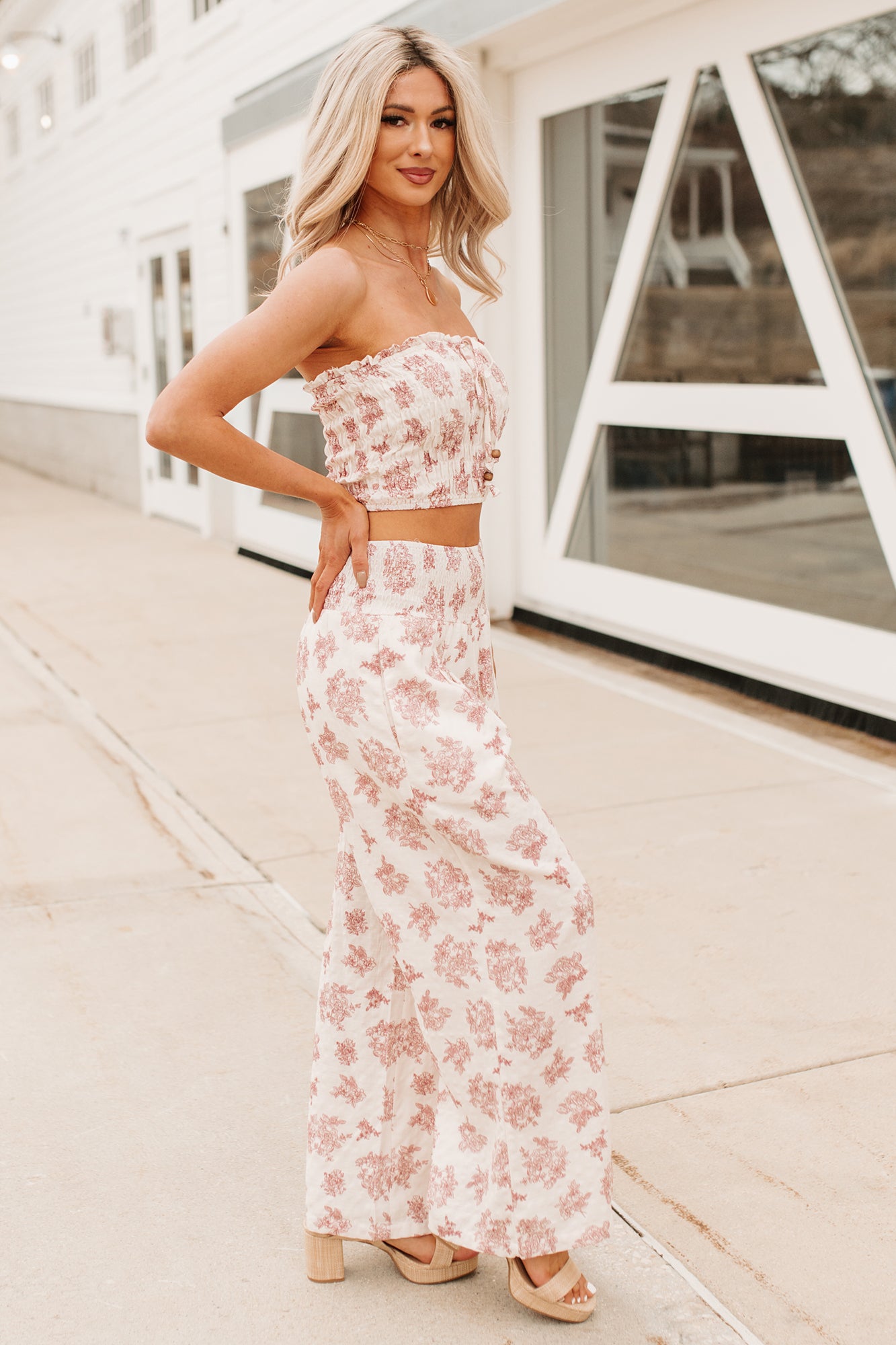 Sugar & Sunshine Floral Smocked Bandeau And Pants Set (Burgundy) - NanaMacs
