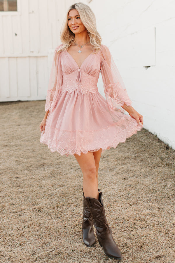 Ethereal Aura Dotted Mesh Mini Dress (Blush)