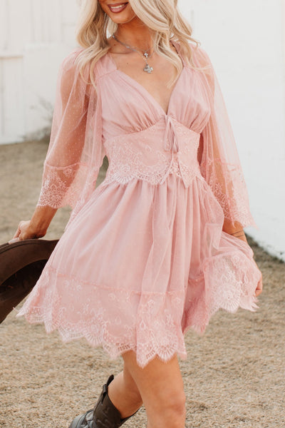 Ethereal Aura Dotted Mesh Mini Dress (Blush)