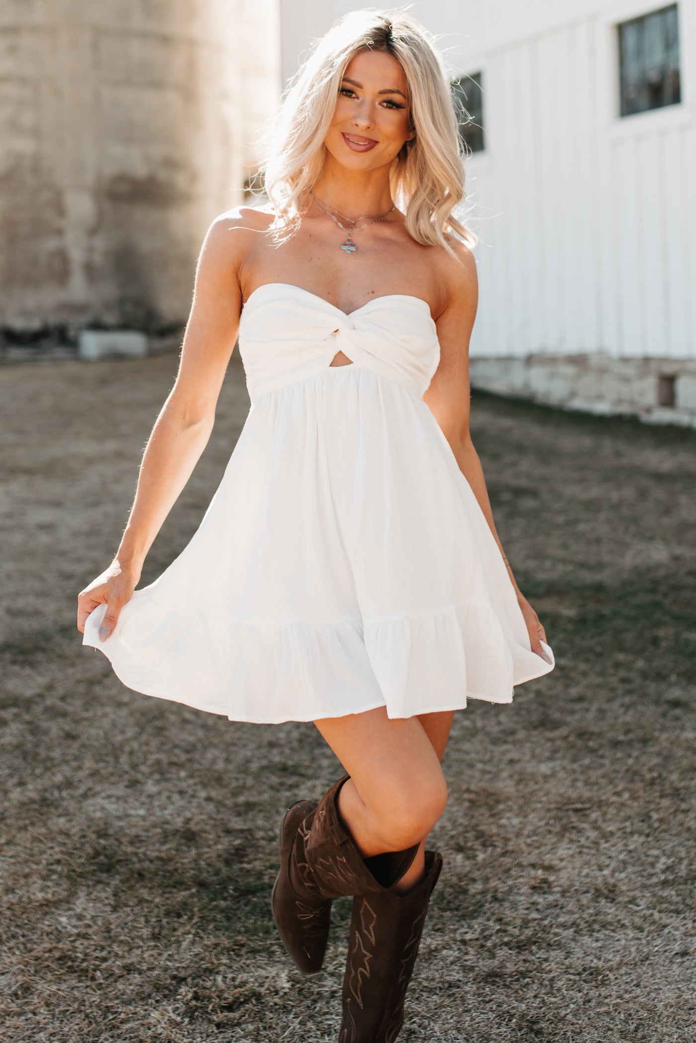 HYFVE Women's Sunshine Hour Twist Front Strapless Mini Dress in White - Size S HYFVE Women's Sunshine Hour Twist Front Strapless Mini Dress in White - Size S