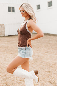 Love Me Later Polka Dot Halter Cami Top (Brown) - NanaMacs