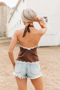 Love Me Later Polka Dot Halter Cami Top (Brown) - NanaMacs