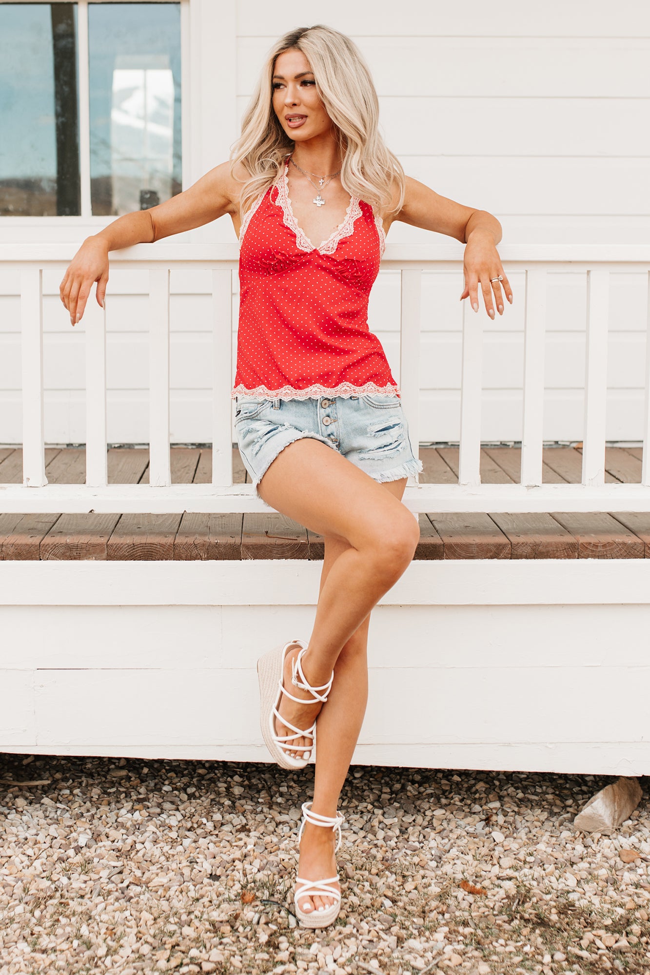 Love Me Later Polka Dot Halter Cami Top (Red) - NanaMacs