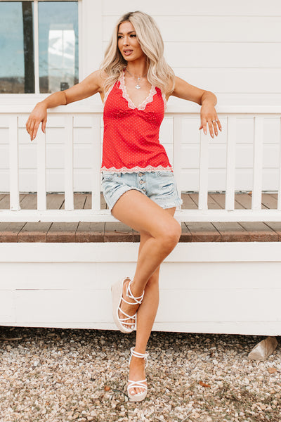 Love Me Later Polka Dot Halter Cami Top (Red) - NanaMacs