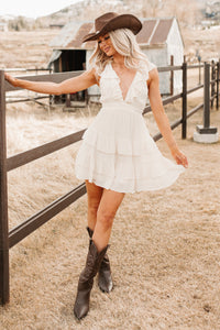 Buttercup Babe Deep V-Neck Ruffle Mini Dress (Cream) - NanaMacs