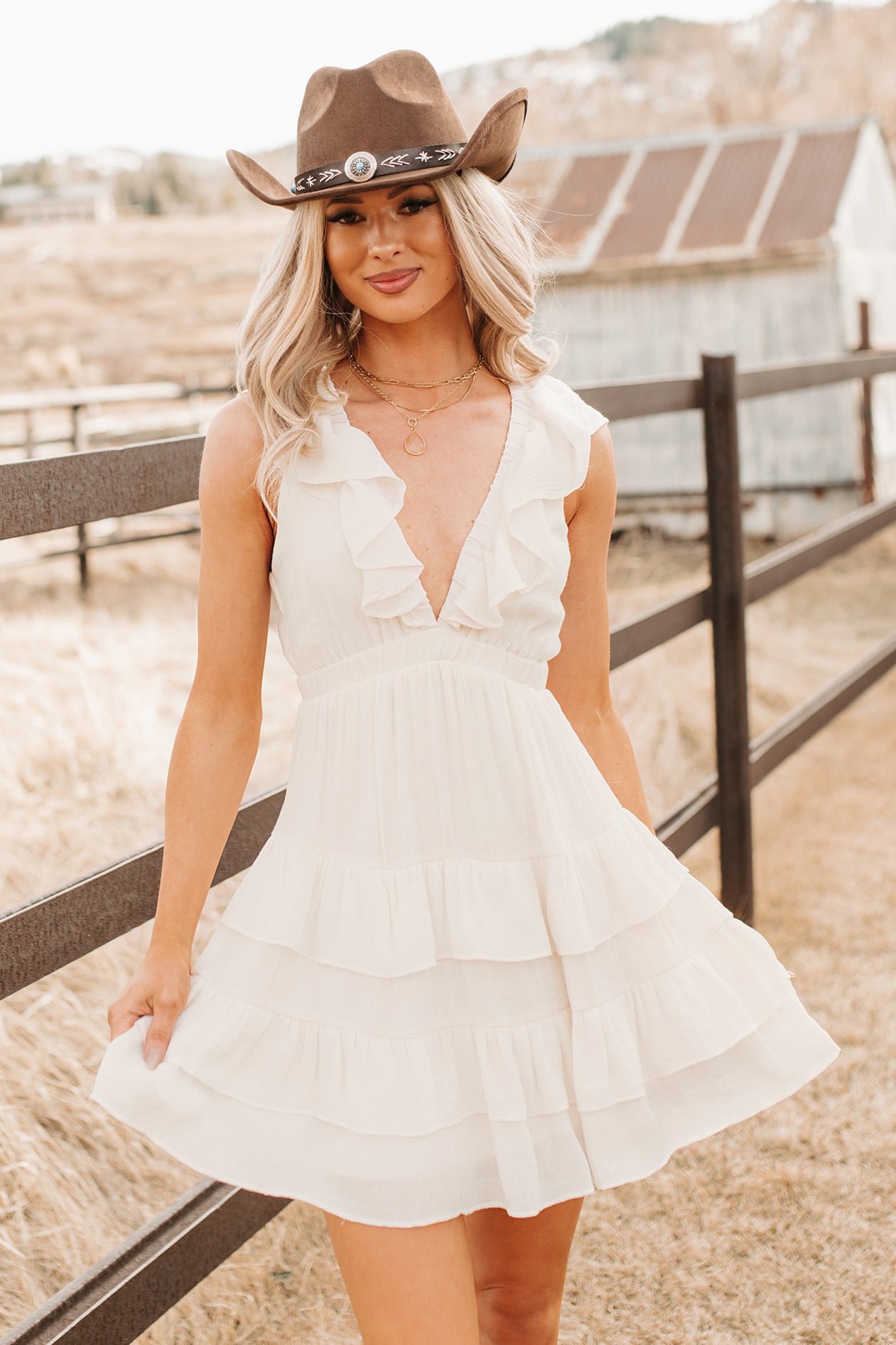 HYFVE Women's Buttercup Babe Deep V-Neck Ruffle Mini Dress in Cream - Size S HYFVE Women's Buttercup Babe Deep V-Neck Ruffle Mini Dress in Cream - Size S