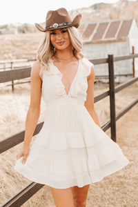 Buttercup Babe Deep V-Neck Ruffle Mini Dress (Cream) - NanaMacs