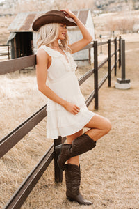 Buttercup Babe Deep V-Neck Ruffle Mini Dress (Cream) - NanaMacs