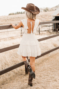 Buttercup Babe Deep V-Neck Ruffle Mini Dress (Cream) - NanaMacs