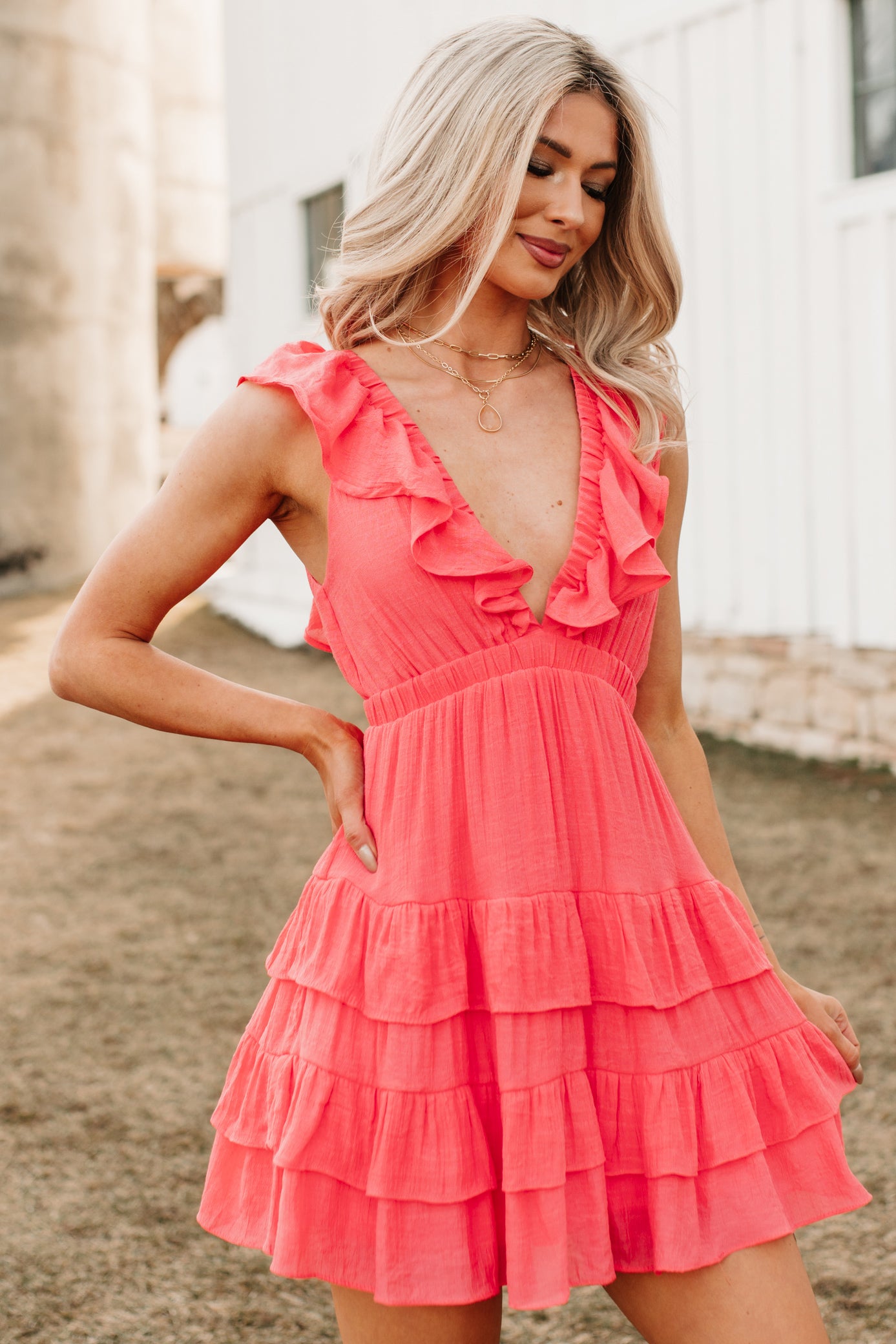 HYFVE Women's Buttercup Babe Deep V-Neck Ruffle Mini Dress in Coral Red HYFVE Women's Buttercup Babe Deep V-Neck Ruffle Mini Dress in Coral Red