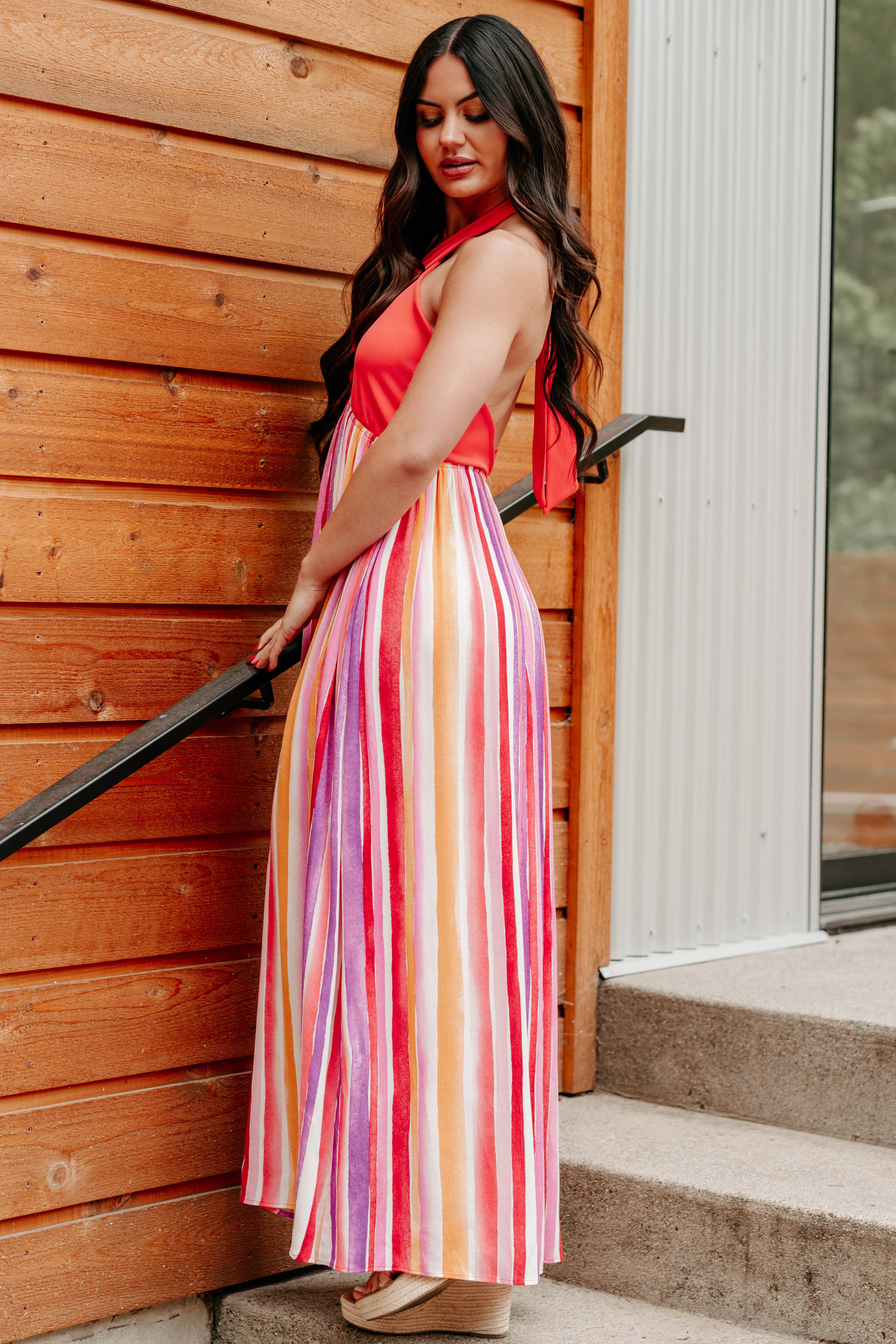 Beauty Awaits Striped Halter Maxi Dress (Tomato Red) - Ships