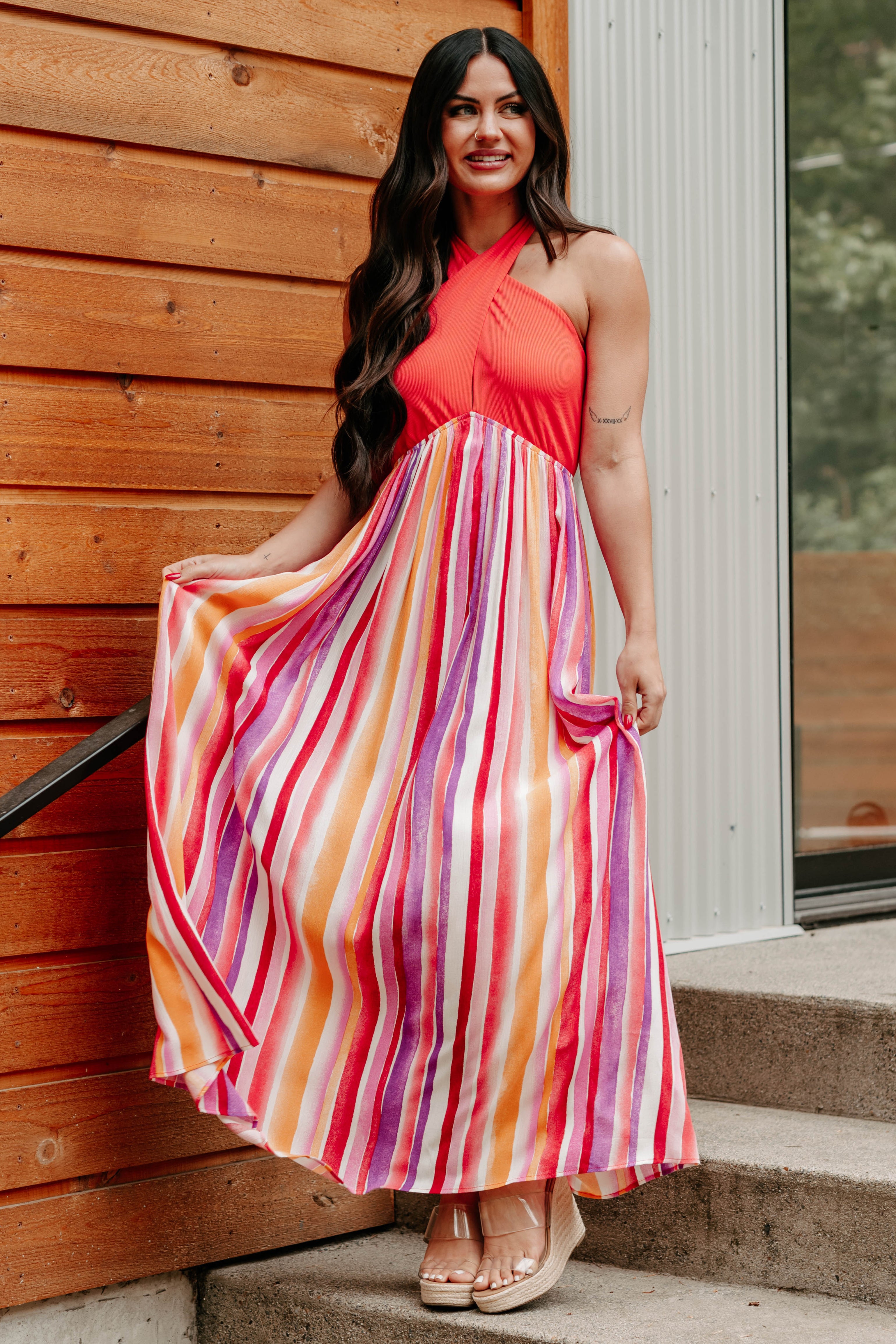 Beauty Awaits Striped Halter Maxi Dress (Tomato Red) - Ships