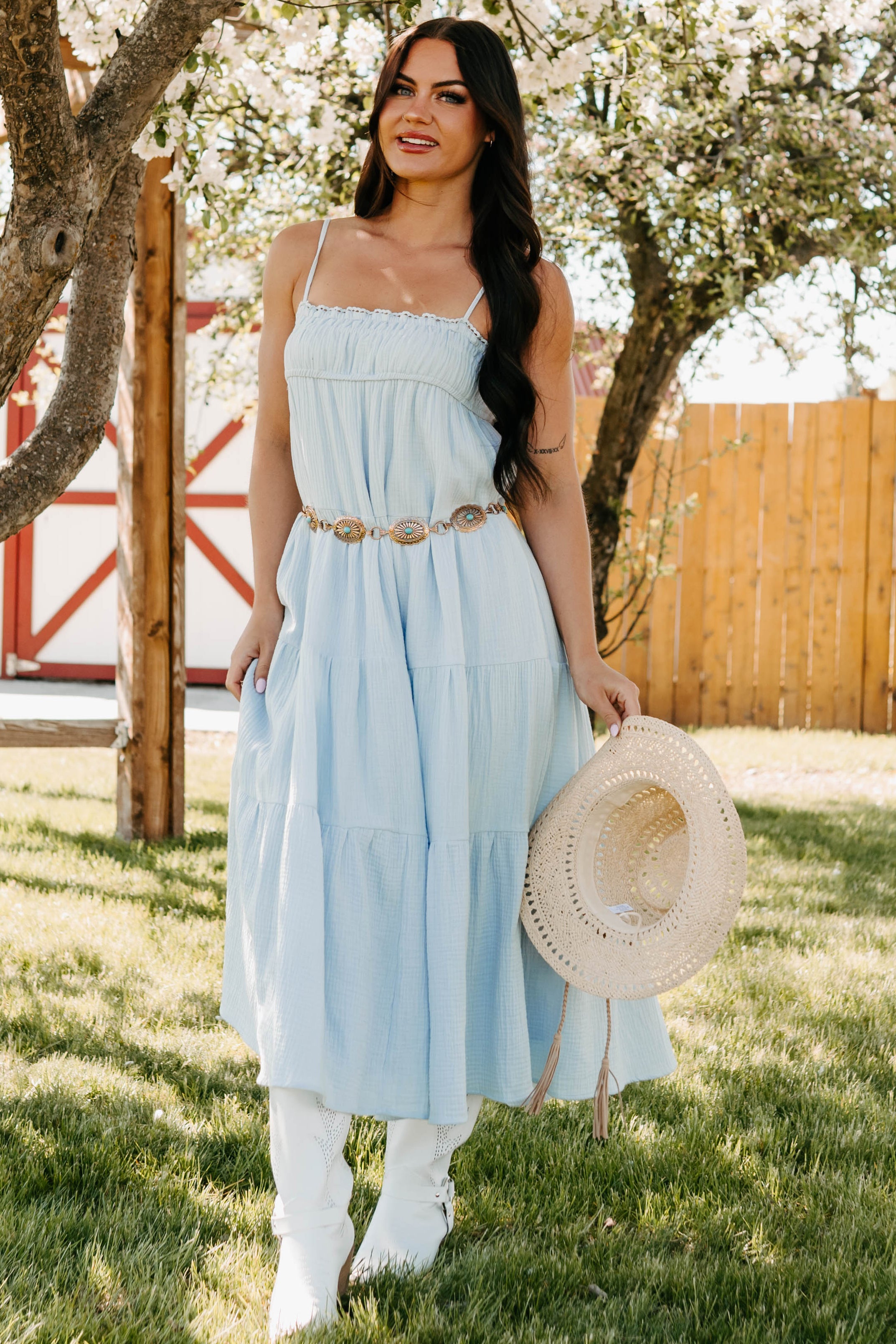 Twilight Glow Sleeveless Tiered Maxi Dress (Light Blue)