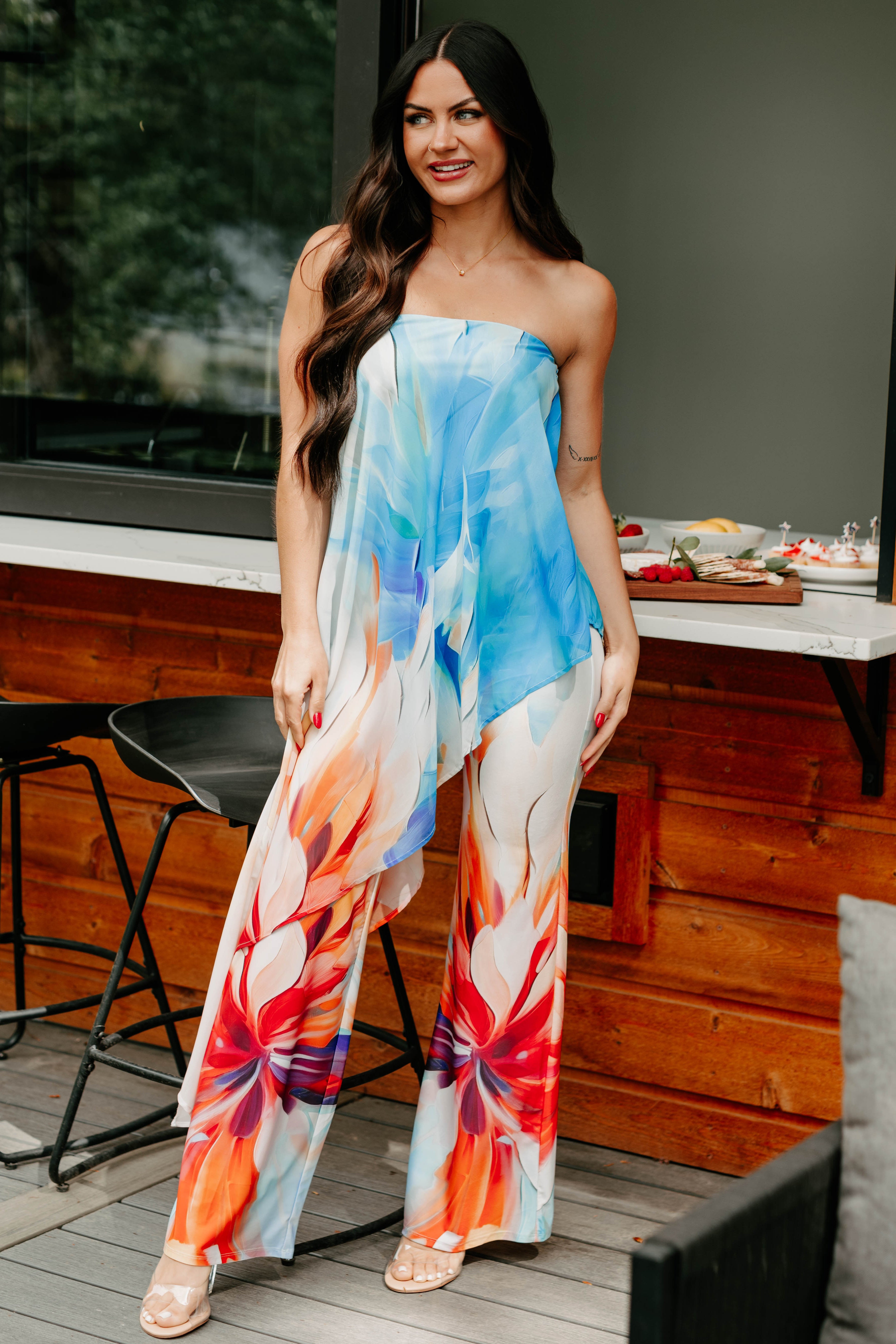 Wander Wildly Strapless Flowy Jumpsuit (Blue/Multi) - SMALL Wander Wildly Strapless Flowy Jumpsuit (Blue/Multi) - SMALL