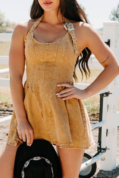 Fleeting Moments Denim Halter Mini Dress (Rust) - NanaMacs