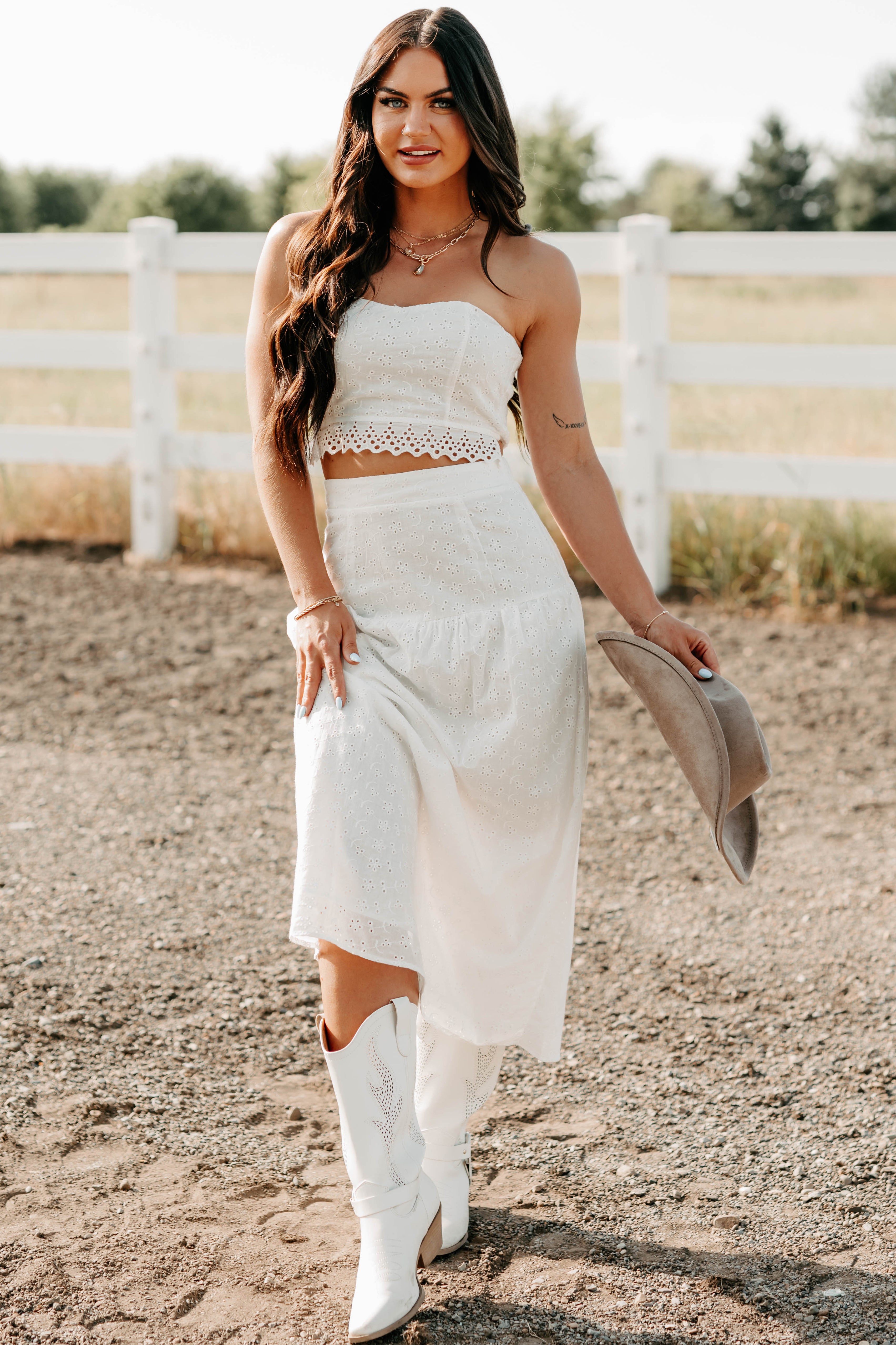 crop top and skirt dress set Crush Culture Crop Top Eyelet Skirt Set (White)