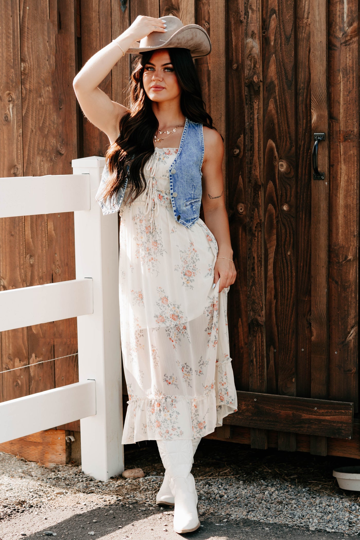 floral dress with denim vest Charolette Floral & Lace Dress Small