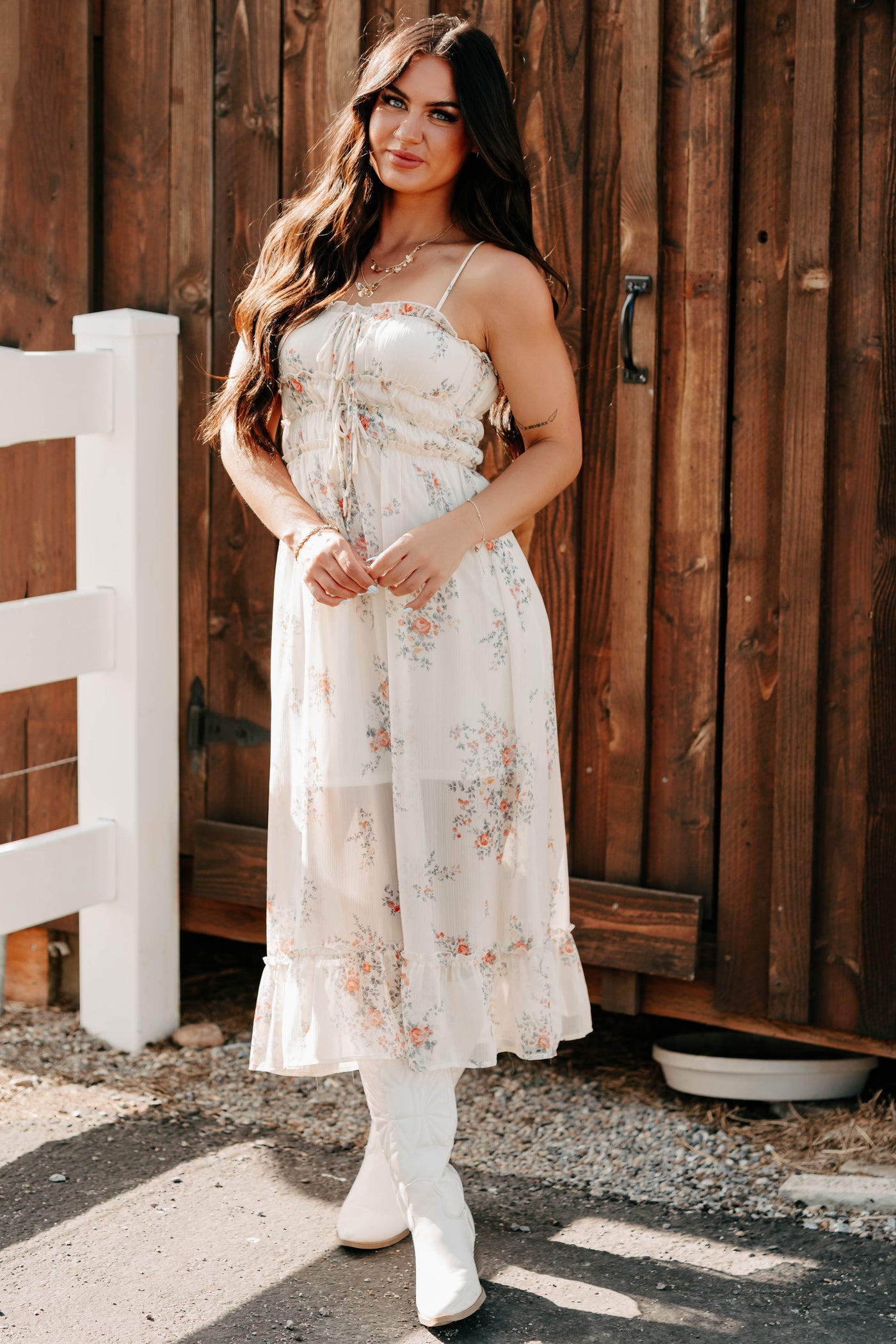 cream floral dress Peach Please Sleeveless Floral Midi Dress (Cream/Multi)