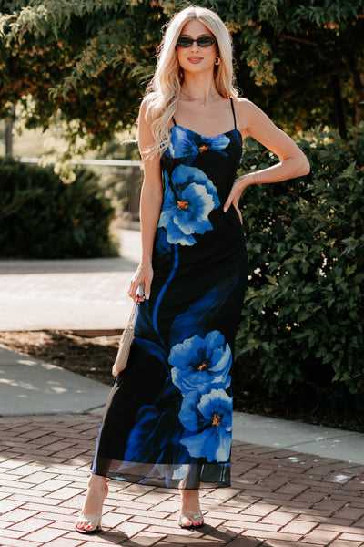 blue dress with black flowers Women's Chic Uprising Sleeveless Floral Maxi in Black/Blue Size:A Shop Black Pleated Maxi floaty premium viscose georgette Arch Support