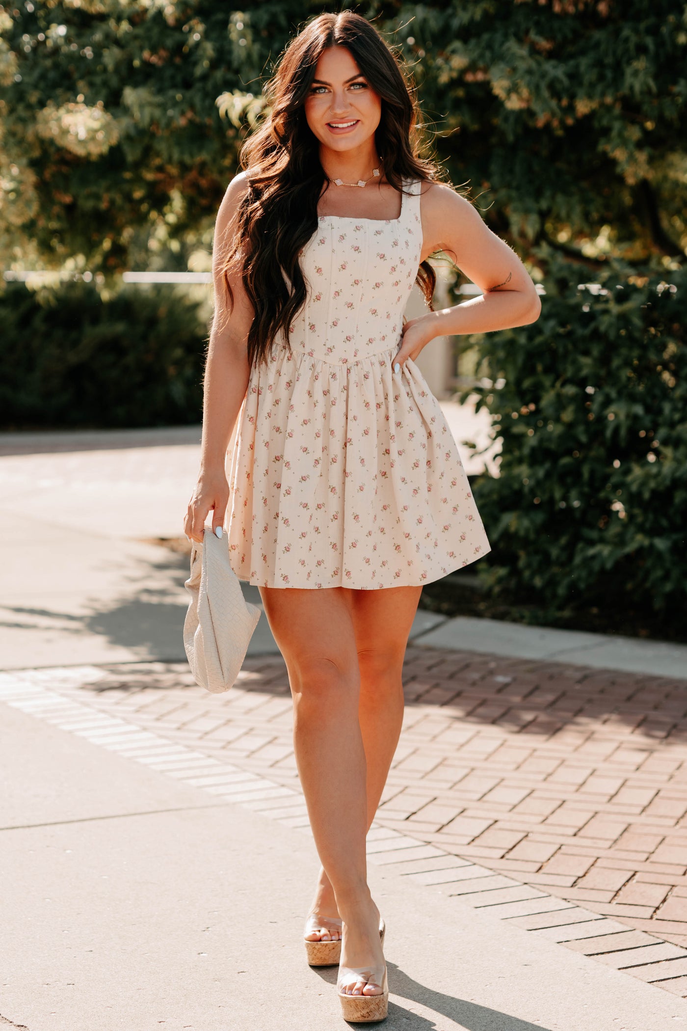 square neck floral mini dress Women's Blush Tells All Square Neck Floral Mini Dress in Natural