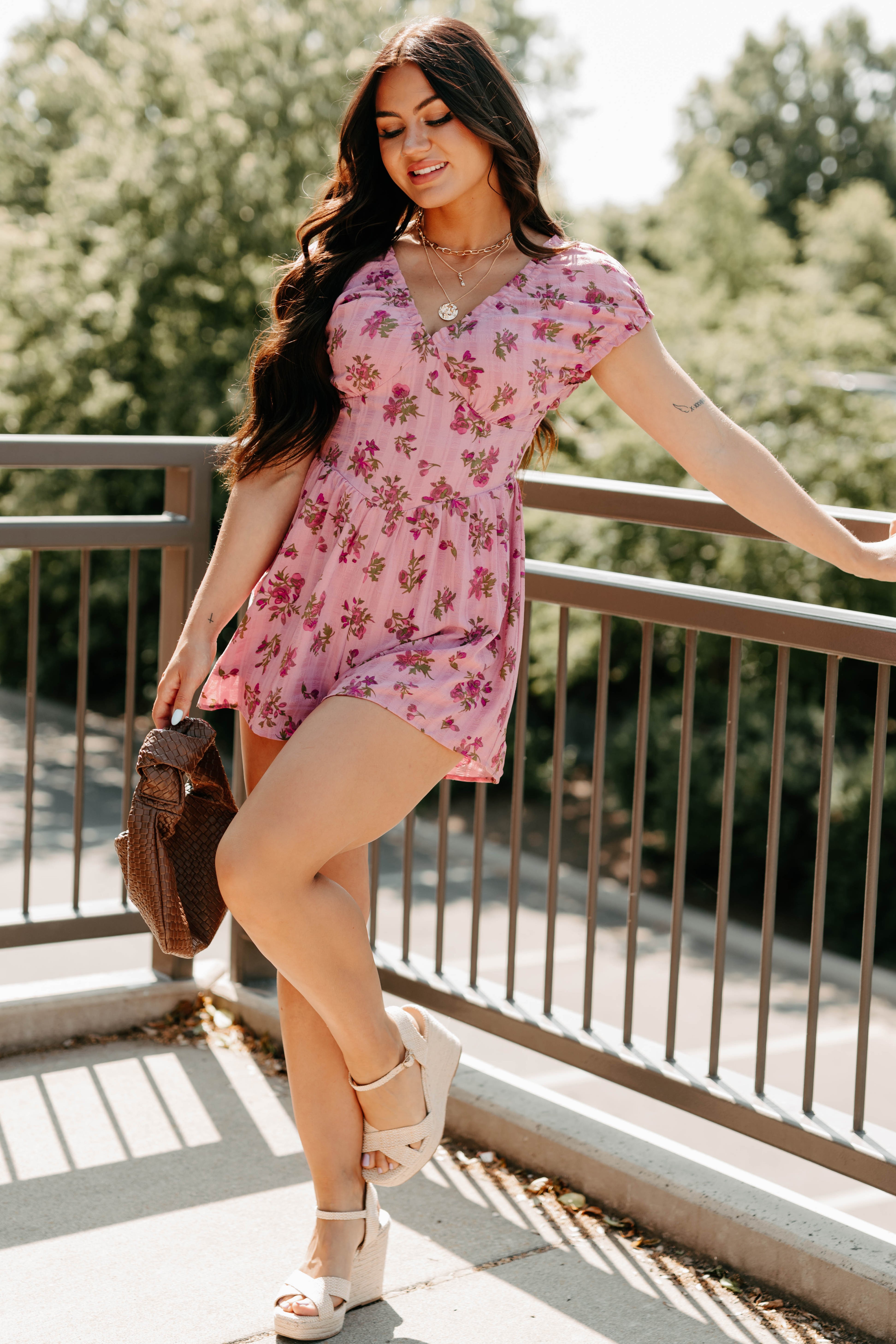 pink floral romper dress Women's Bloom For You Short Sleeve Floral Romper in Pink