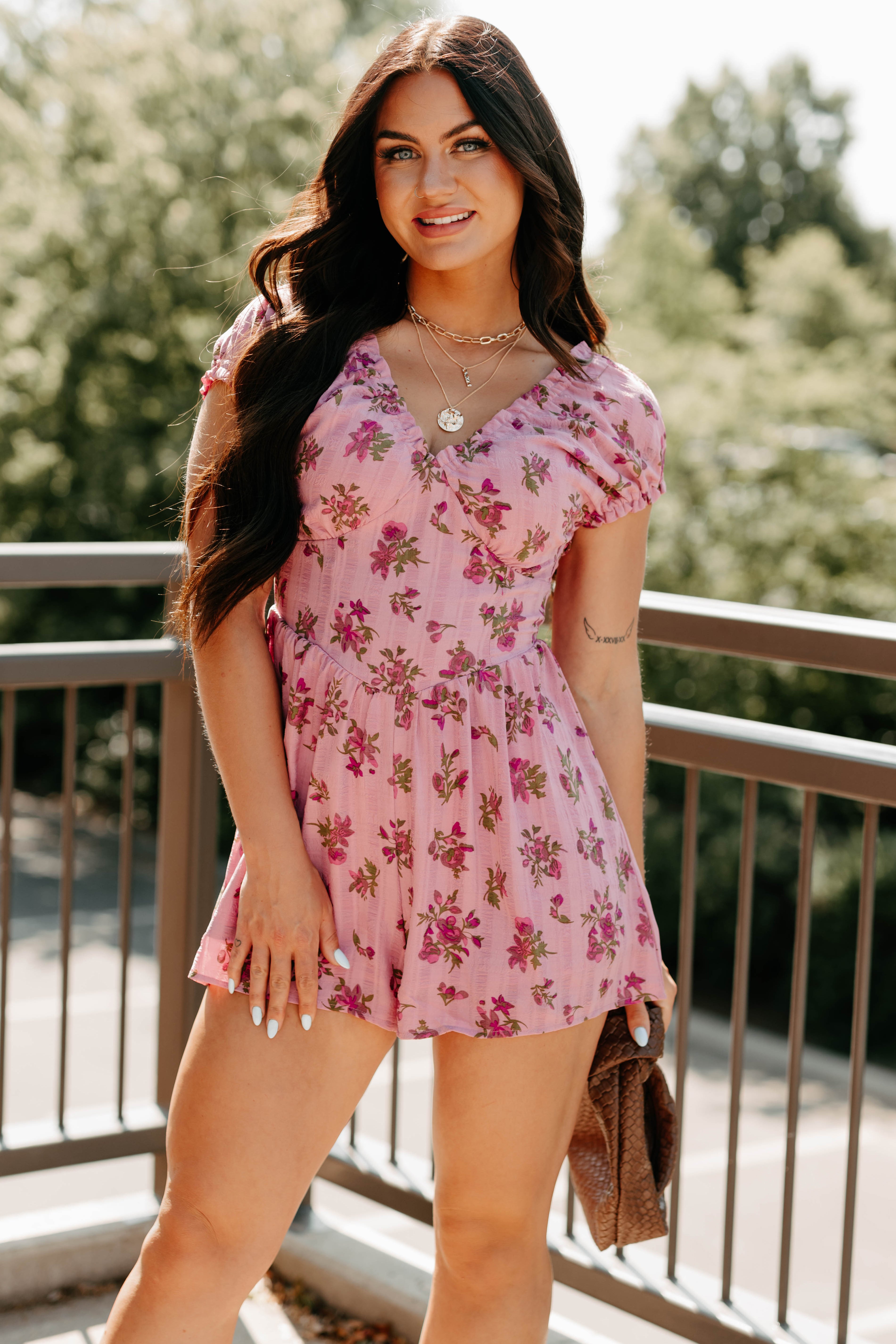 Women's Bloom For You Short Sleeve Floral Romper in Pink - Size M Women's Bloom For You Short Sleeve Floral Romper in Pink - Size M