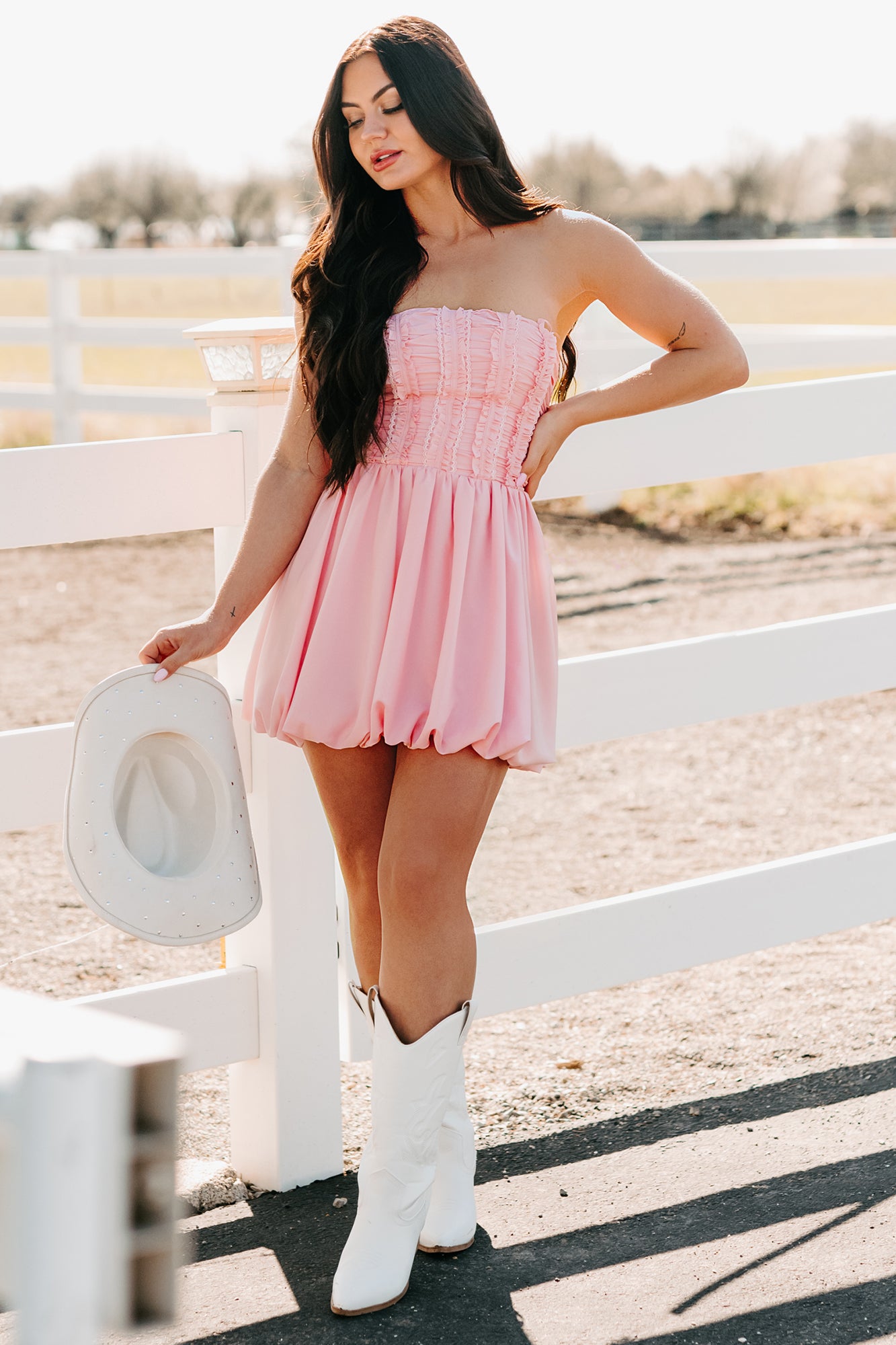 strapless bubble dress Women's Here For The Vibes Strapless Bubble Mini Dress in Crystal Rose