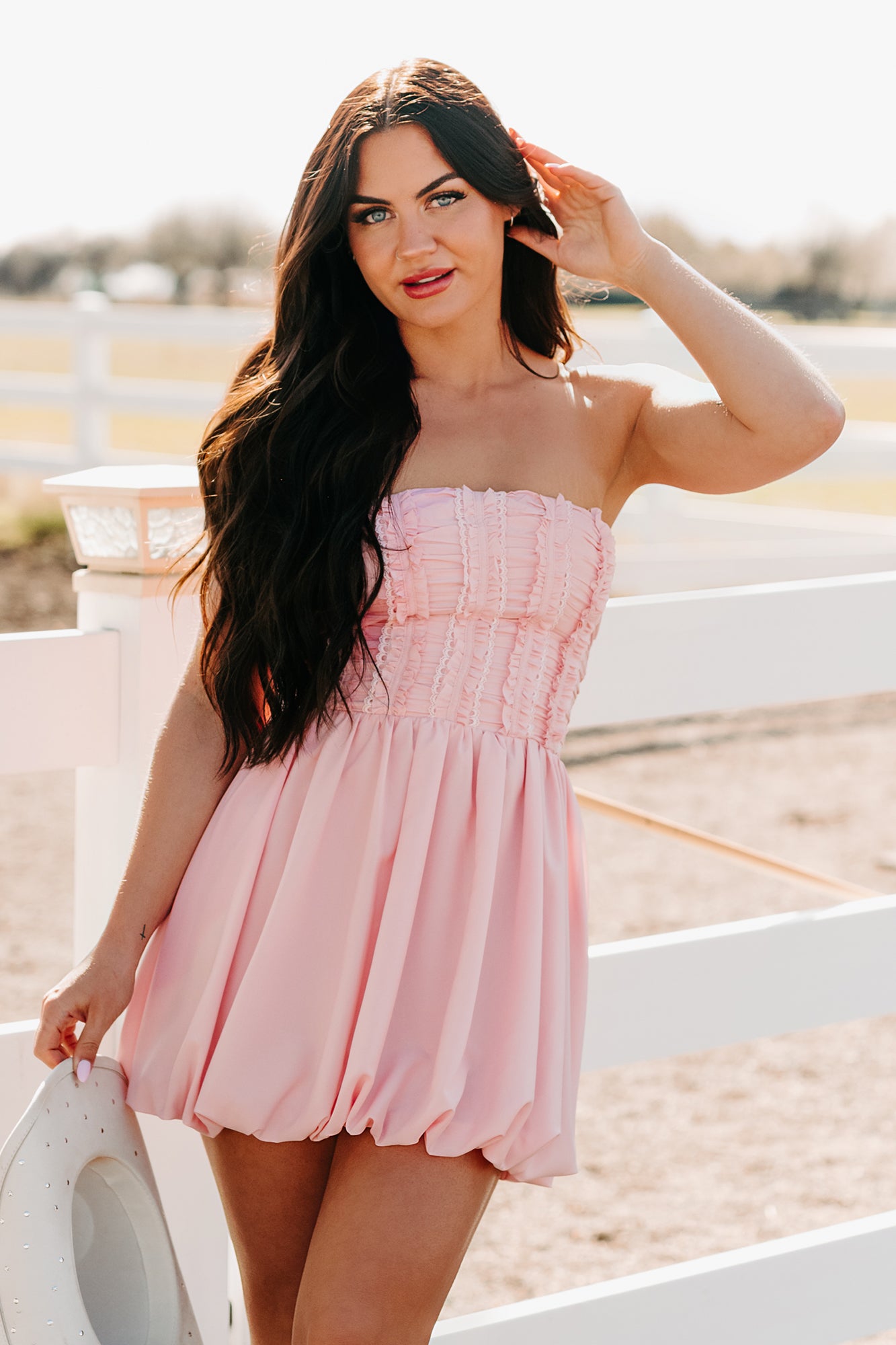 Here For The Vibes Strapless Bubble Mini Dress (Crystal Rose