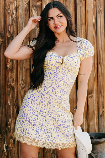 Floral Bliss Sweetheart Floral Mini Dress (Yellow/Blue) - NanaMacs