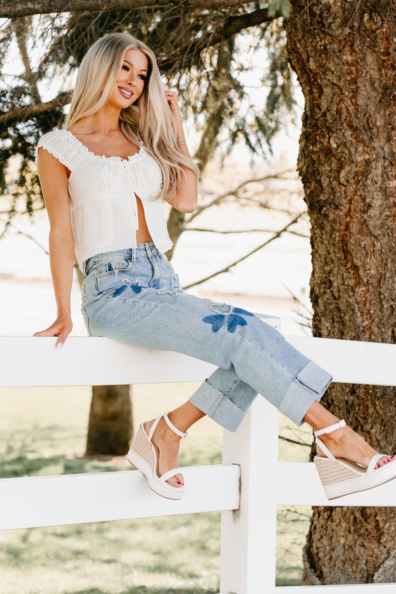 Timeless Tones Open Tie Ruffle Top (White) · NanaMacs