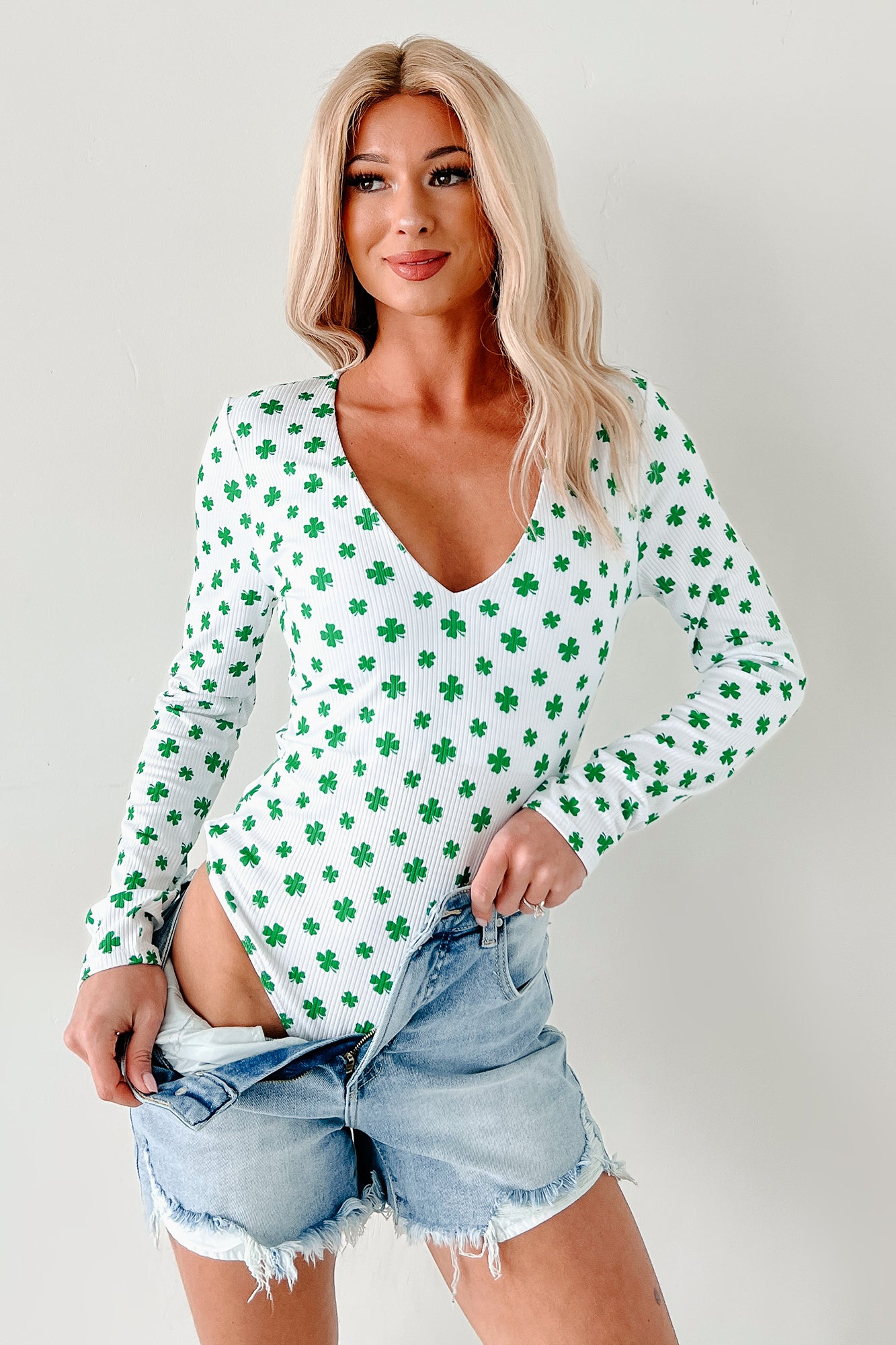 Shamrock Shimmy NM Original Printed V-Neck Bodysuit (White/Green) - NanaMacs