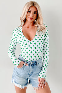 Shamrock Shimmy NM Original Printed V-Neck Bodysuit (White/Green) - NanaMacs