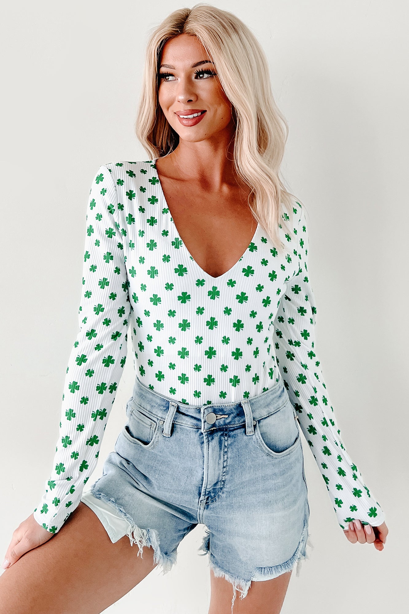 Shamrock Shimmy NM Original Printed V-Neck Bodysuit (White/Green) - NanaMacs