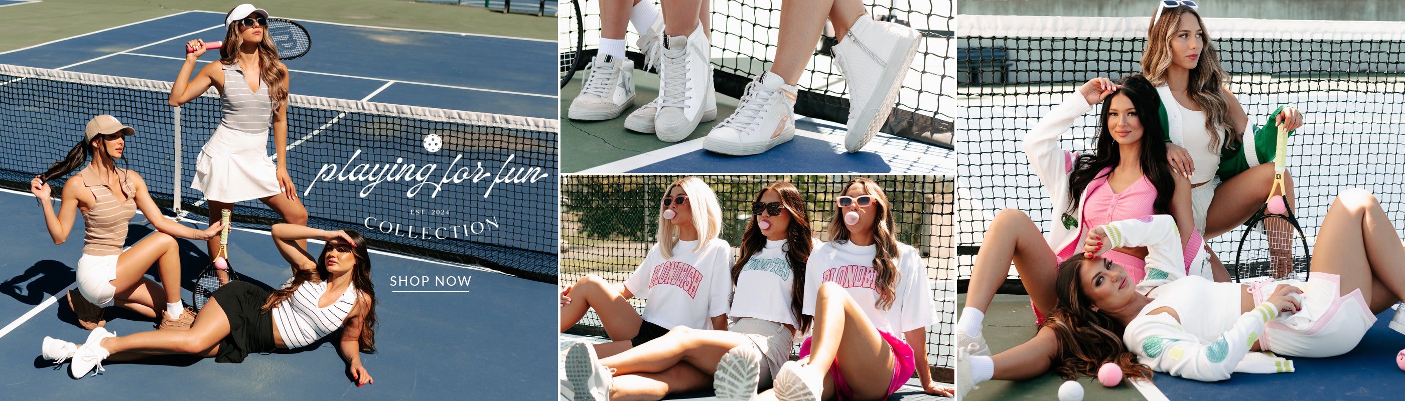 collage of models wearing tennis and pickleball outfits. Headline says "Playing For Fun Collection". Call to Action says "Shop Now" and links to the Tennis Collection.