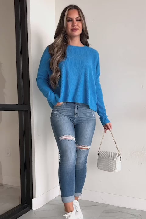 Doorbuster Happier Times Ribbed Dolman Sleeve Top (Ocean Blue) - NanaMacs