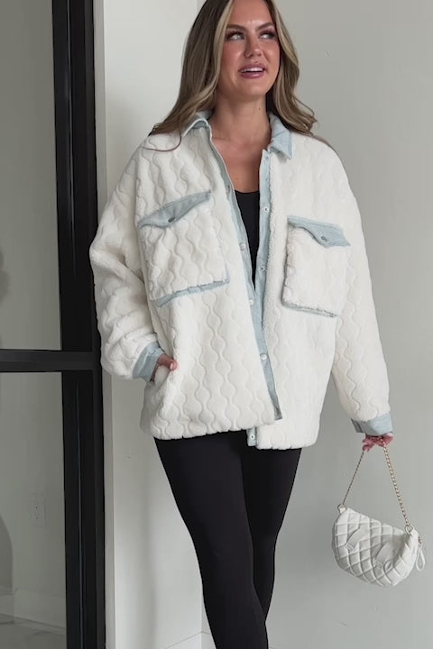 Best Of Both Worlds Fleece Jacket With Denim Contrast (Ivory/Denim) - NanaMacs