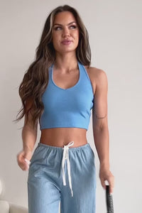 Alive & Well Ribbed Halter Crop Top (Carolina Blue) - NanaMacs