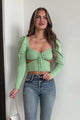 Focal Point Ruched Cut-Out Puff Sleeve Crop Top (Sage)