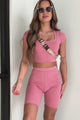 Gym Dates Short Sleeve Scoop Neck Crop Top (Rose)