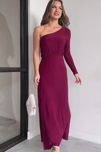 Only If It's About Me One Shoulder Maxi Dress (Burgundy) - NanaMacs