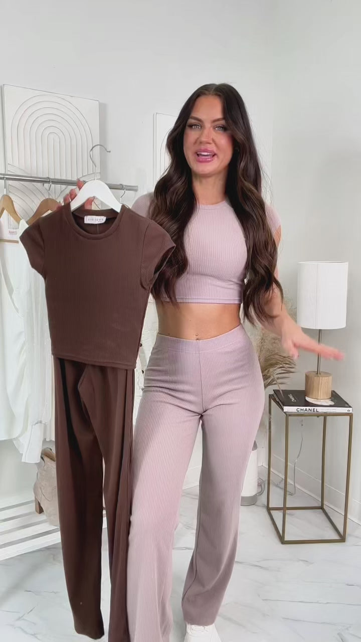 Casually Poised Knit Top & Pants Set (Espresso) - NanaMacs