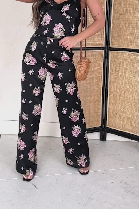 Positively Charming High Waisted Satin Floral Pants (Black) - NanaMacs